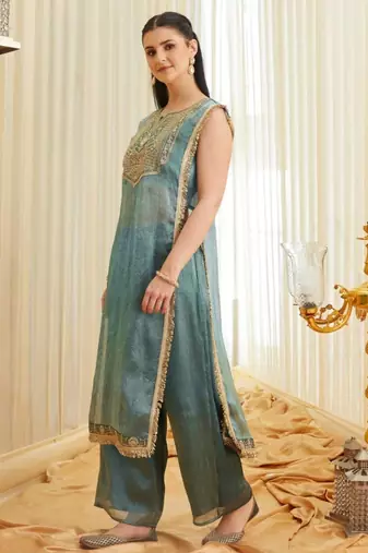Teal satin embroidered palazzo set