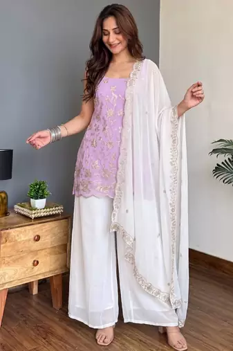 Lavender faux georgette embroidered palazzo set