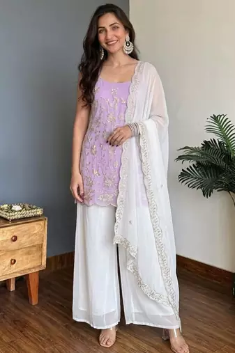 Lavender faux georgette embroidered palazzo set
