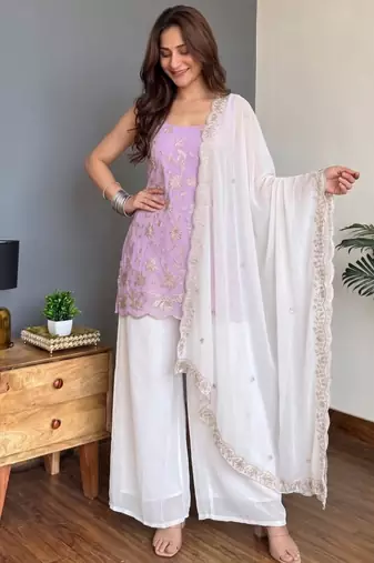 Lavender faux georgette embroidered palazzo set