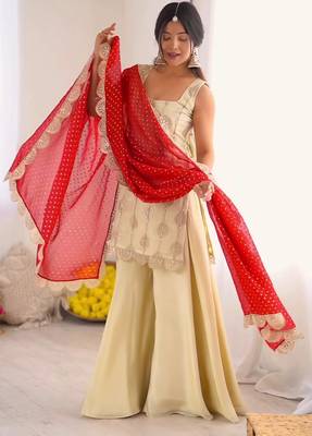 Cream embroidered kurta palazzo set with red bandhani dupatta 1