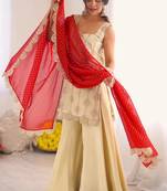 Cream embroidered kurta palazzo set with red bandhani dupatta