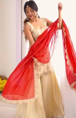 Cream embroidered kurta palazzo set with red bandhani dupatta 2