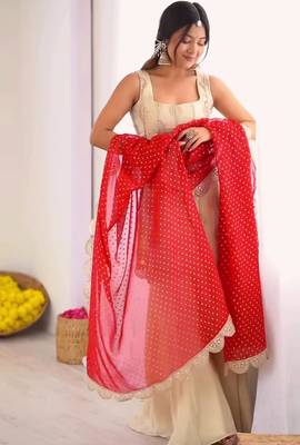 Cream embroidered kurta palazzo set with red bandhani dupatta 3