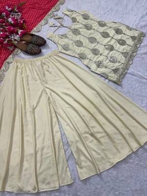 Cream embroidered kurta palazzo set with red bandhani dupatta 4