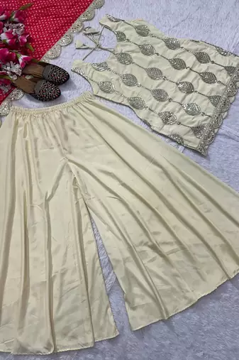 Cream embroidered kurta palazzo set with red bandhani dupatta