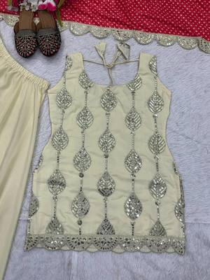 Cream embroidered kurta palazzo set with red bandhani dupatta 5