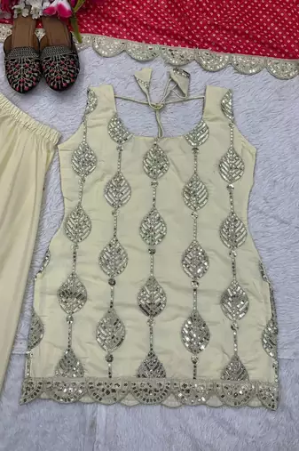 Cream embroidered kurta palazzo set with red bandhani dupatta