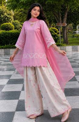 Pink embroidered kurta farshi salwar set with heart detailing & matching dupatta 1