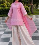 Pink embroidered kurta farshi salwar set with heart detailing & matching dupatta