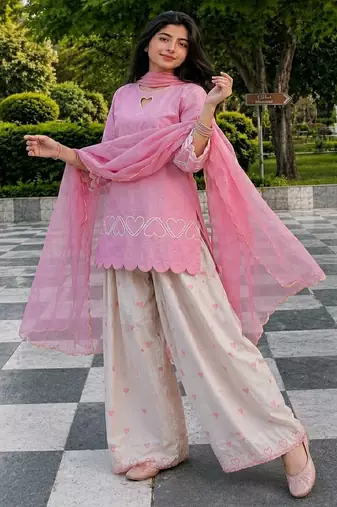 Pink embroidered kurta farshi salwar set with heart detailing & matching dupatta