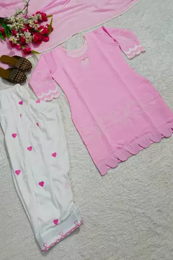Pink embroidered kurta farshi salwar set with heart detailing & matching dupatta
