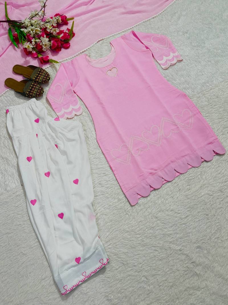 Pink embroidered kurta farshi salwar set with heart detailing & matching dupatta
