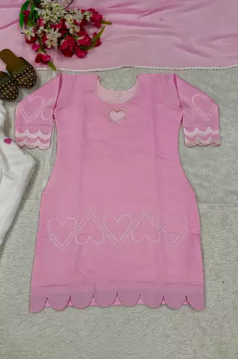 Pink embroidered kurta farshi salwar set with heart detailing & matching dupatta
