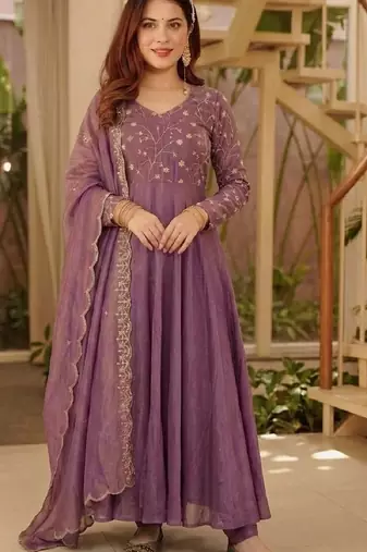 Purple embroidered anarkali suit with designer dupatta