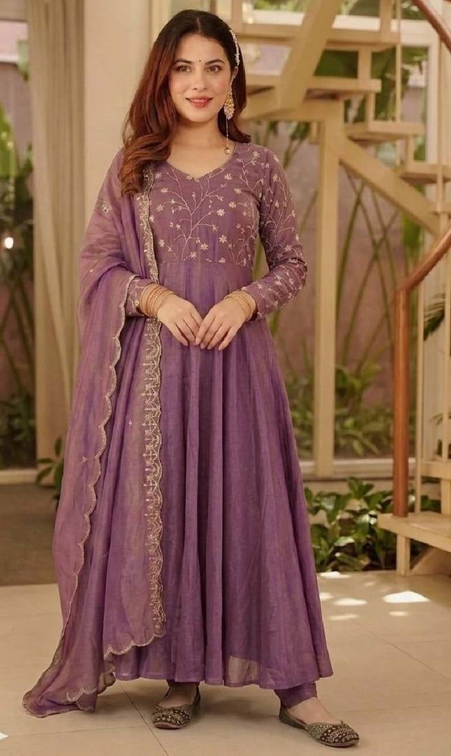 Purple embroidered anarkali suit with designer dupatta