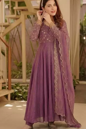 Purple embroidered anarkali suit with designer dupatta