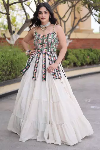Navratri White Dori Detail Lehenga Choli in Cotton Poly
