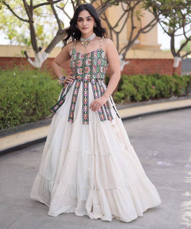 Navratri White Dori Detail Lehenga Choli in Cotton Poly