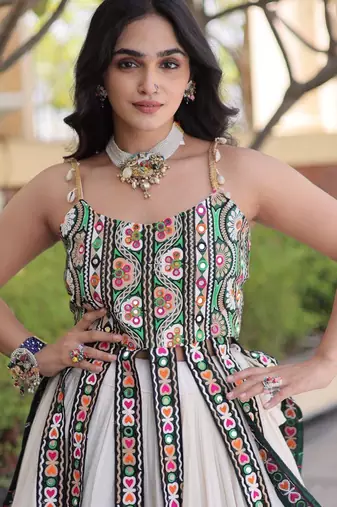 Navratri White Dori Detail Lehenga Choli in Cotton Poly