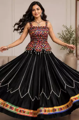 Navratri Black Embroidered Lehenga Choli in Rayon