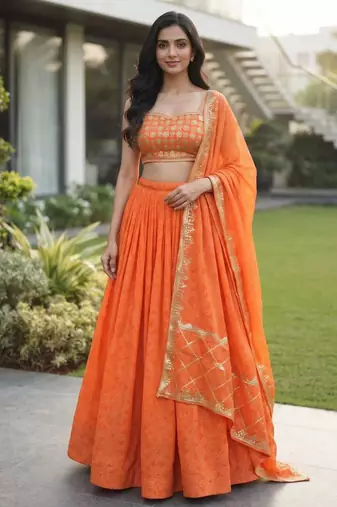 Navratri Orange Printed Lehenga Choli in Georgette