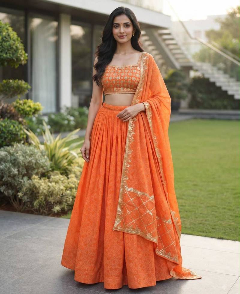 Navratri Orange Printed Lehenga Choli in Georgette