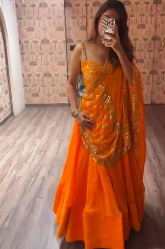 Navratri Orange Printed Lehenga Choli in Georgette