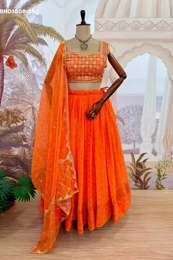 Navratri Orange Printed Lehenga Choli in Georgette