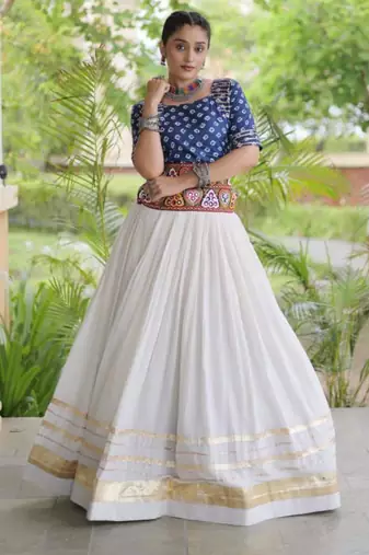Navratri White Gamthi Work Lehenga Choli in Cotton Poly