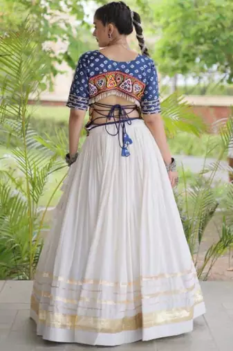 Navratri White Gamthi Work Lehenga Choli in Cotton Poly