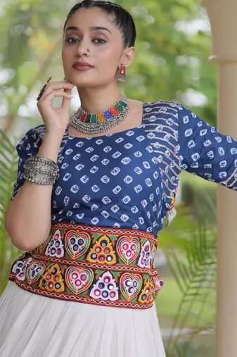 Navratri White Gamthi Work Lehenga Choli in Cotton Poly