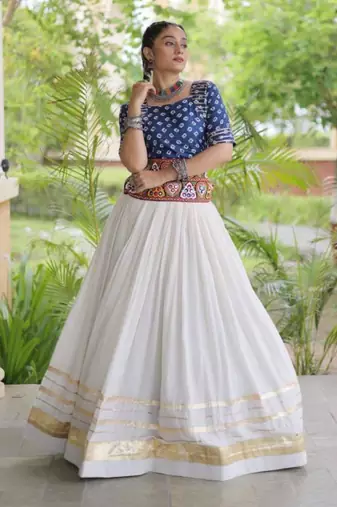 Navratri White Gamthi Work Lehenga Choli in Cotton Poly