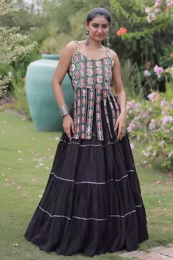 Navratri Black Dori Detail Lehenga Choli in Cotton Poly