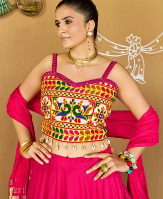 Navratri Pink Mirror Work Lehenga Choli in Cotton Poly 2