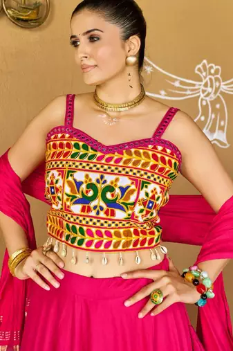 Navratri Pink Mirror Work Lehenga Choli in Cotton Poly
