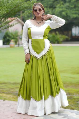Navratri Green Mirror Work Lehenga Choli in Cotton Poly
