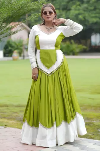 Navratri Green Mirror Work Lehenga Choli in Cotton Poly