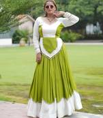Navratri Green Mirror Work Lehenga Choli in Cotton Poly
