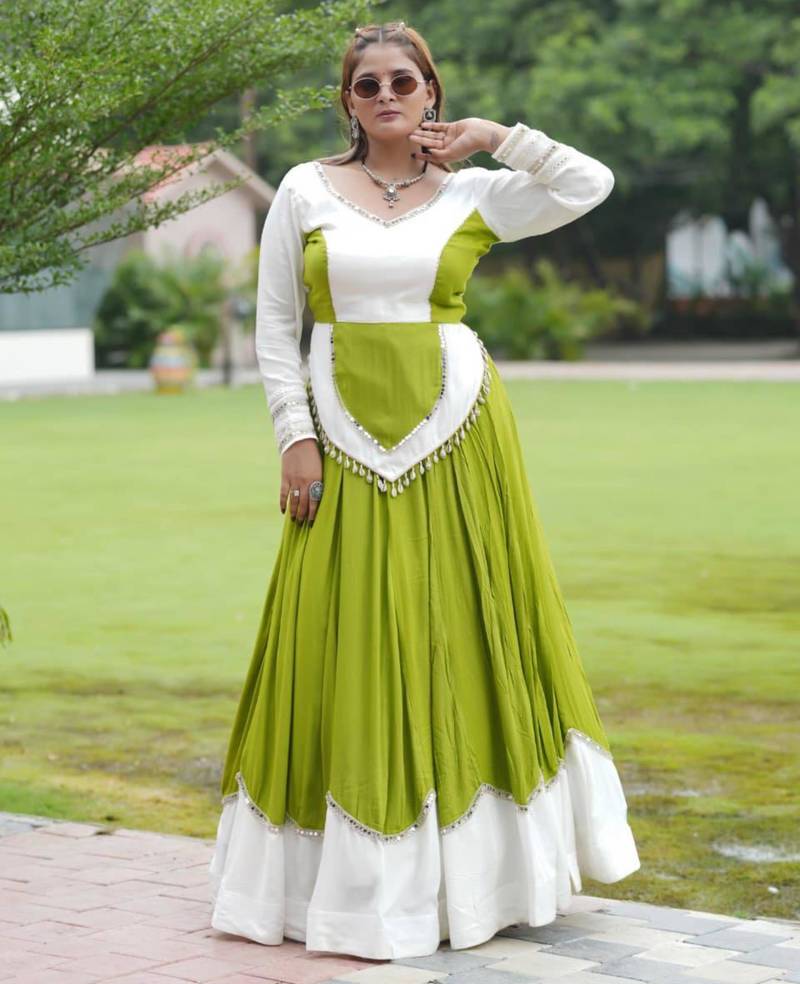 Navratri Green Mirror Work Lehenga Choli in Cotton Poly