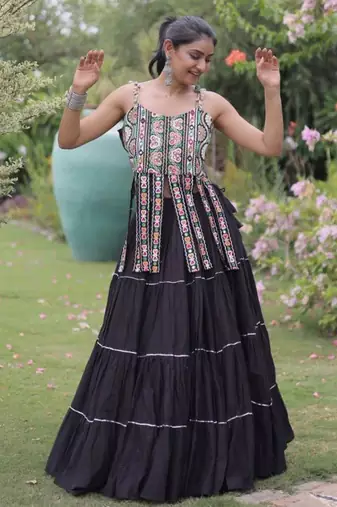 Navratri Black Dori Detail Lehenga Choli in Cotton Poly