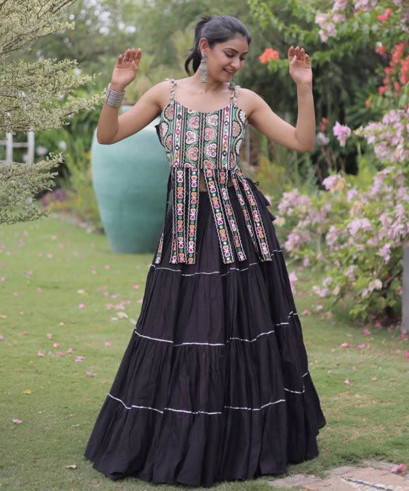 Navratri Black Dori Detail Lehenga Choli in Cotton Poly