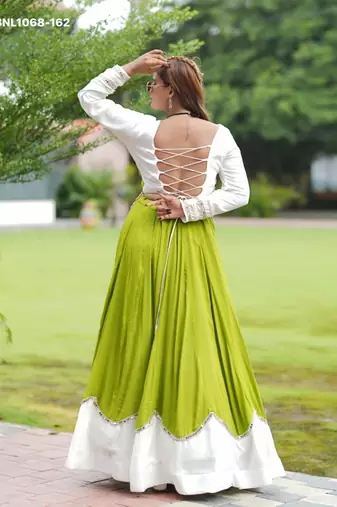 Navratri Green Mirror Work Lehenga Choli in Cotton Poly