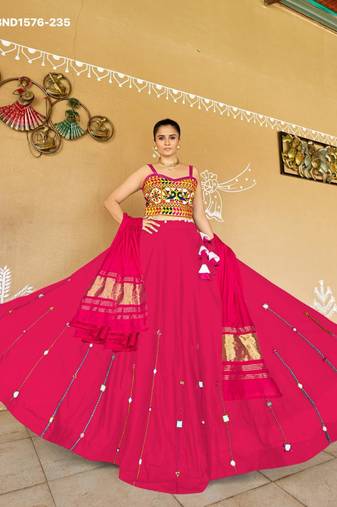 Navratri Pink Mirror Work Lehenga Choli in Cotton Poly