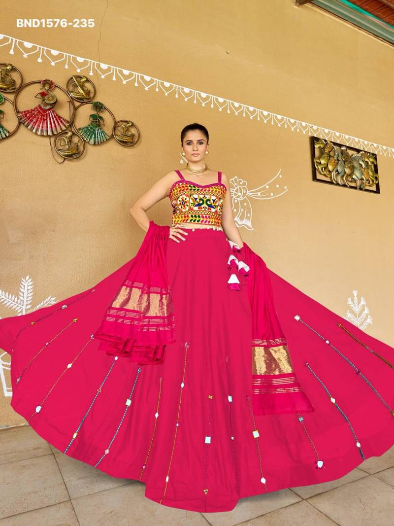 Navratri Pink Mirror Work Lehenga Choli in Cotton Poly