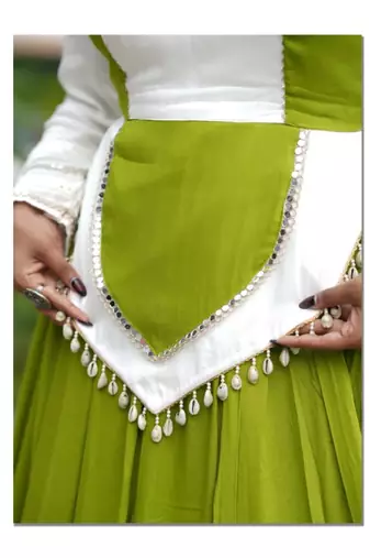 Navratri Green Mirror Work Lehenga Choli in Cotton Poly