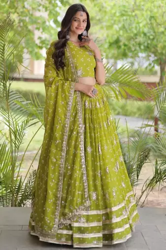 Navratri Parrot-green Printed Lehenga Choli in Georgette