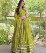 Navratri Parrot-green Printed Lehenga Choli in Georgette