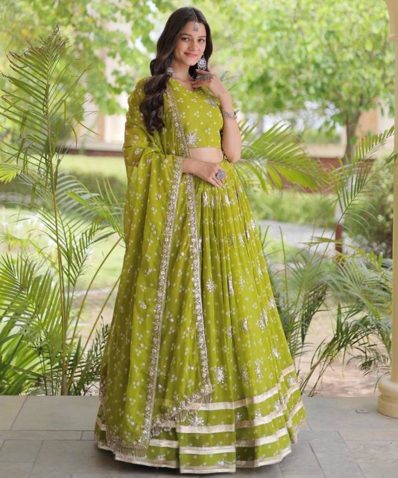 Navratri Parrot-green Printed Lehenga Choli in Georgette