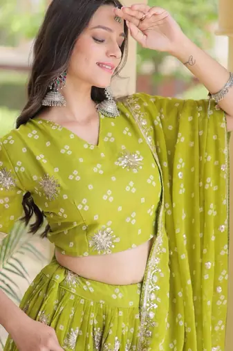 Navratri Parrot-green Printed Lehenga Choli in Georgette